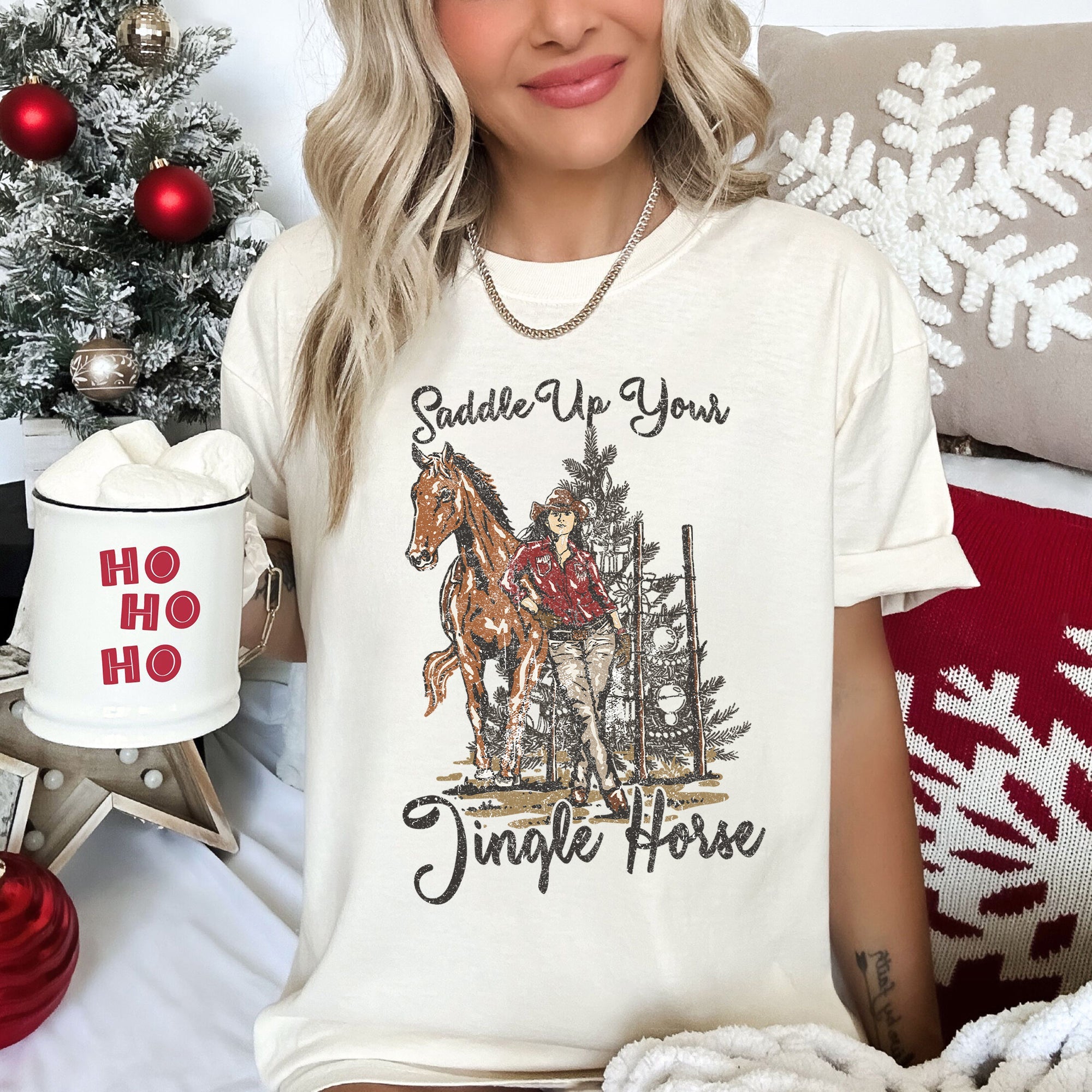 Saddle Up Your Jingle Horse Christmas Cowgirl Cowboy Country Western Comfort Colors Tee