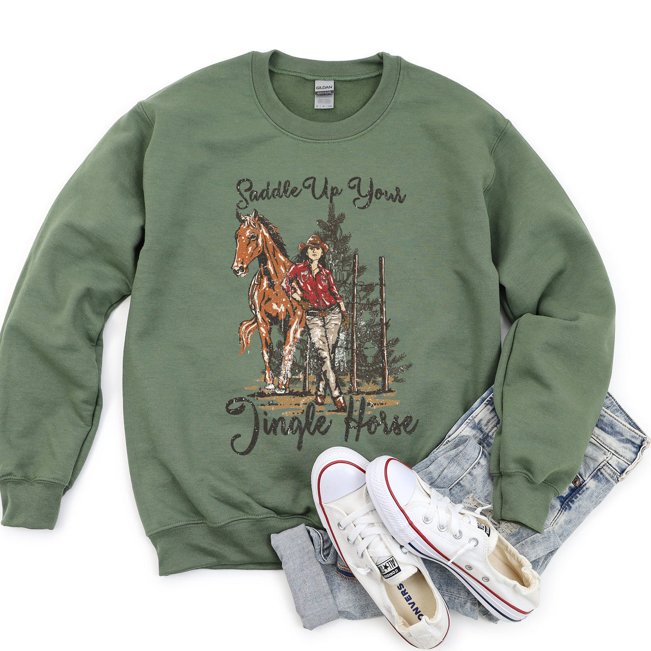 Saddle Up Your Jingle Horse Christmas Cowgirl Cowboy Country Western Holiday Sweatshirt