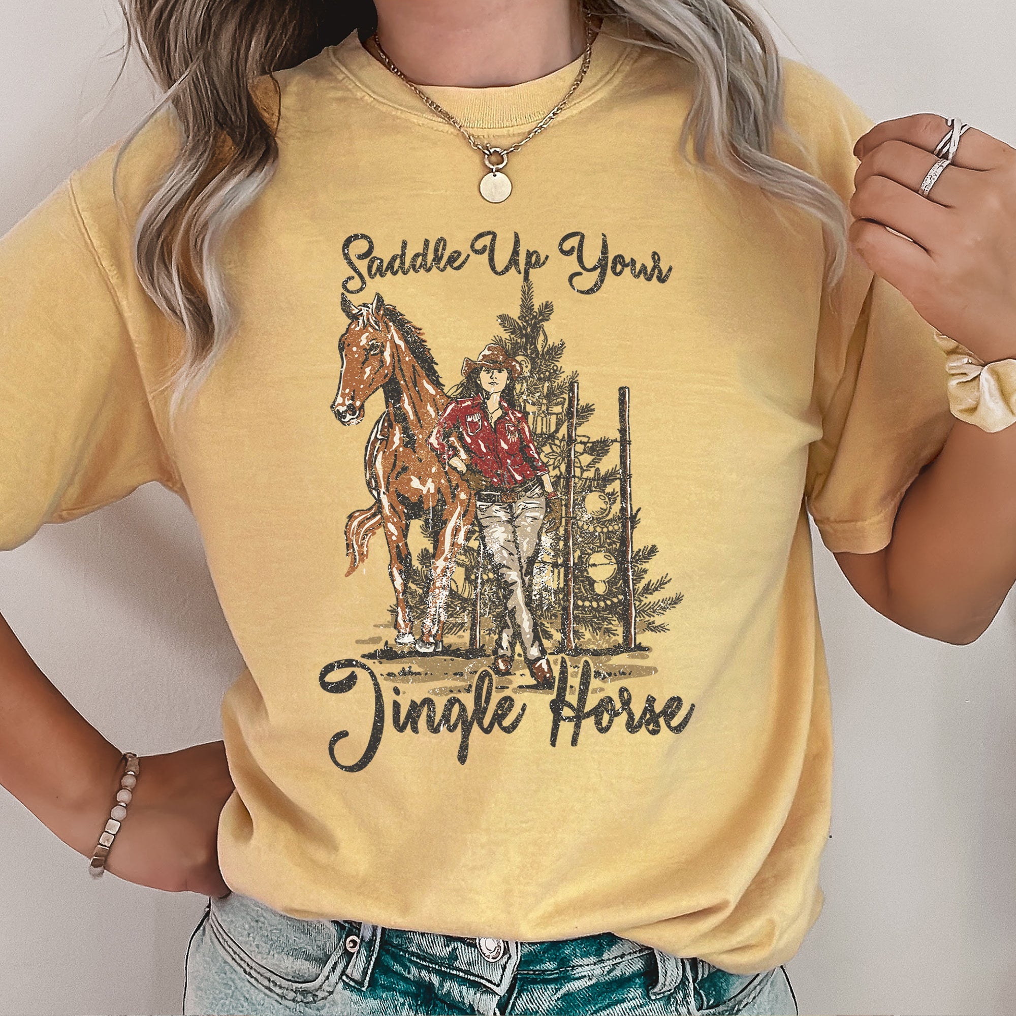 Saddle Up Your Jingle Horse Christmas Cowgirl Cowboy Country Western Comfort Colors Tee