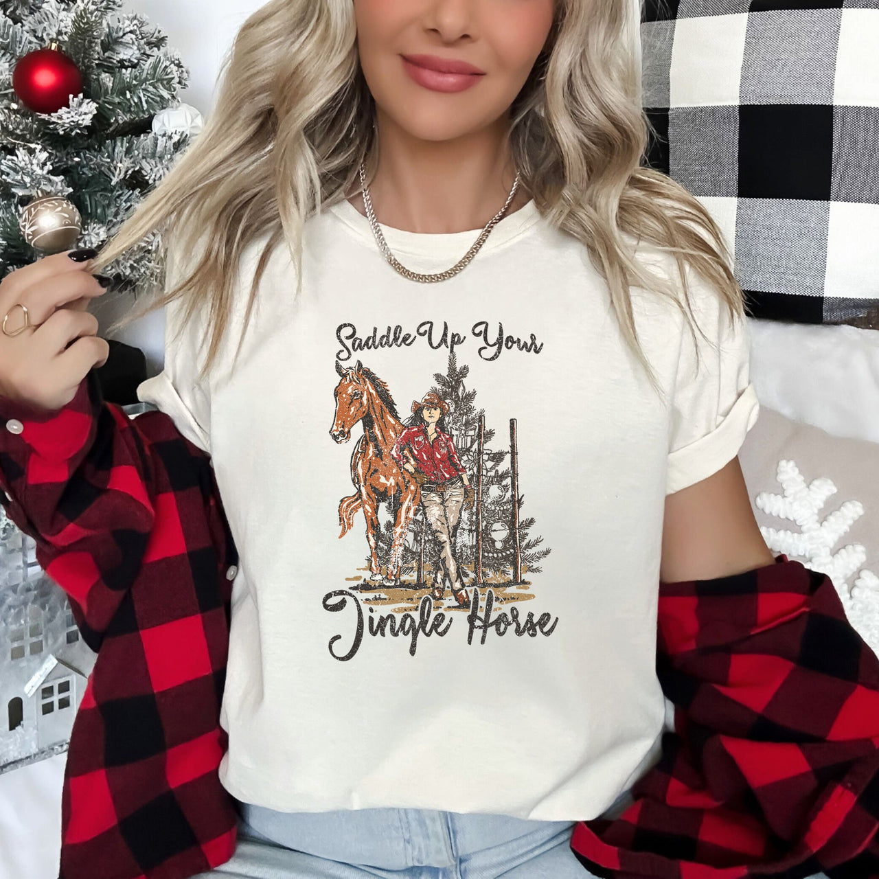 Saddle Up Your Jingle Horse Christmas Cowgirl Cowboy Country Western Holiday Graphic Tee