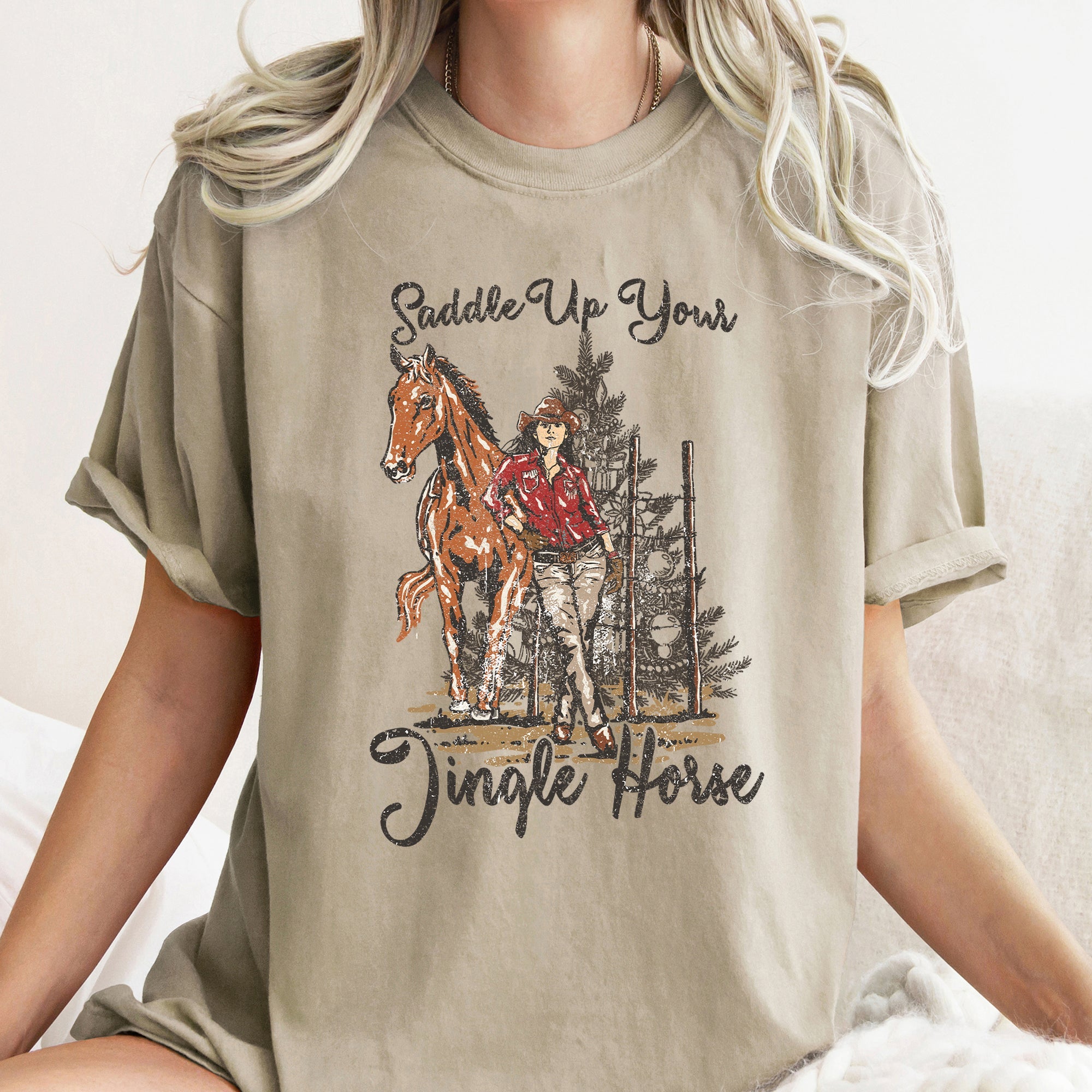 Saddle Up Your Jingle Horse Christmas Cowgirl Cowboy Country Western Comfort Colors Tee