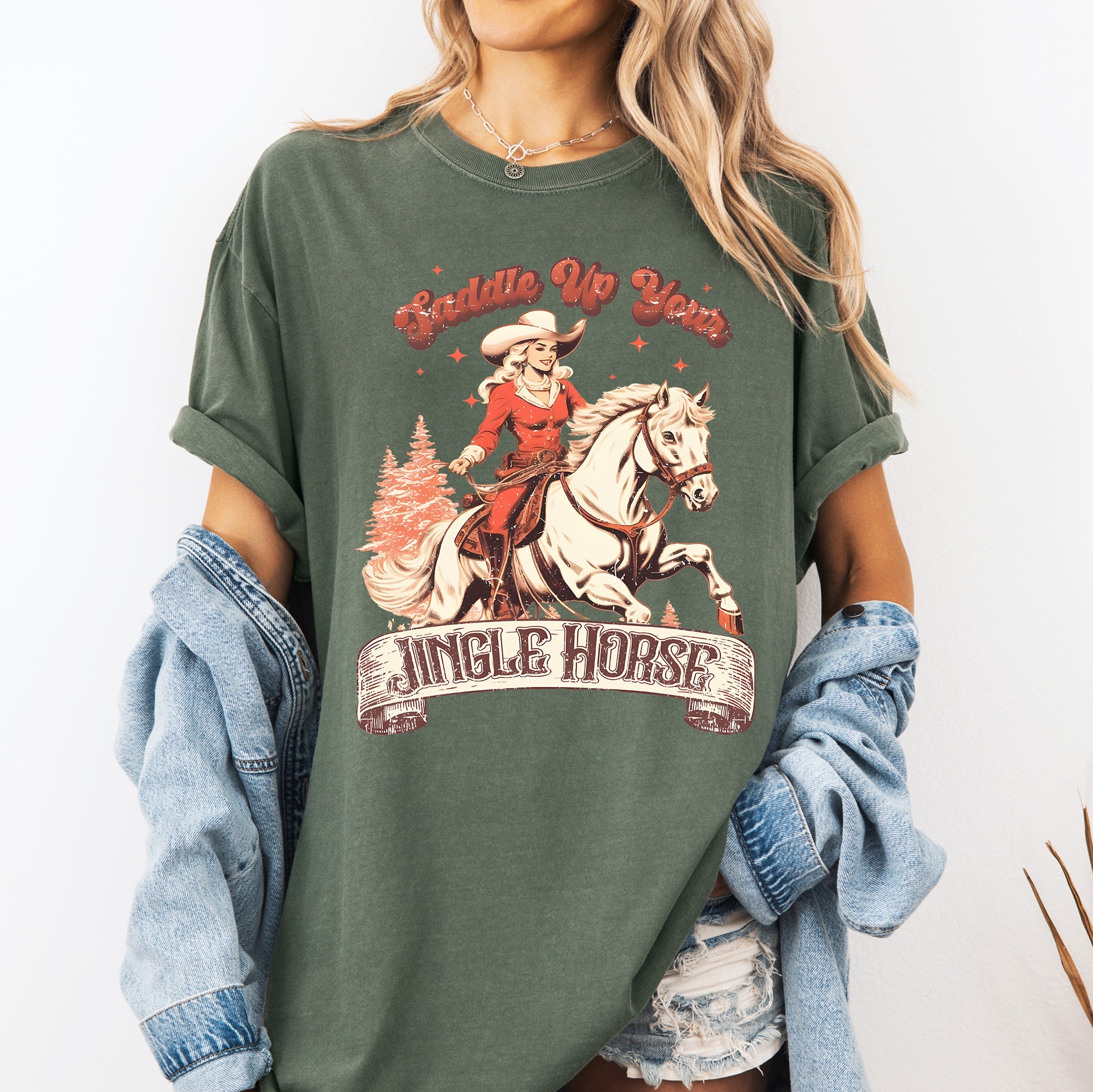 Saddle Up Your Jingle Horse Cowboy Cowgirl Christmas Carol Western Comfort Colors Tee
