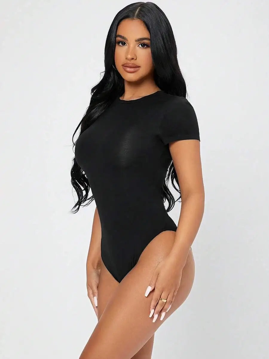 Petite Solid Slim Fit Short Sleeve Bodycon Bodysuit for Women