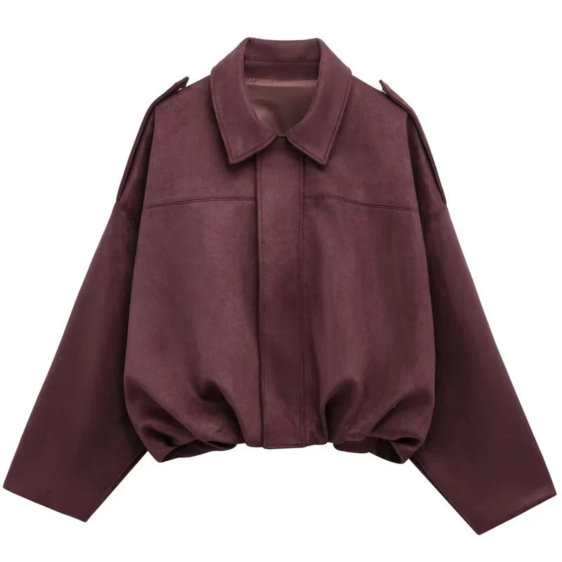 HXAO Suede Cropped Jacket Women's Bomber Jacket Oversized Batwing Sleeves Outerwears Lady Casual Loose Coat Street Style Jackets