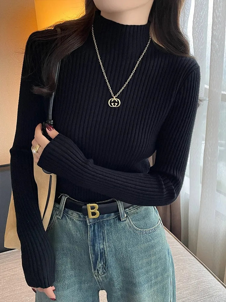 Chic Autumn Winter 2026 Pullovers Women Long Sleeve Casual Turtleneck Warm Basic Sweater Knit Jumpers Solid Color Slim Tops