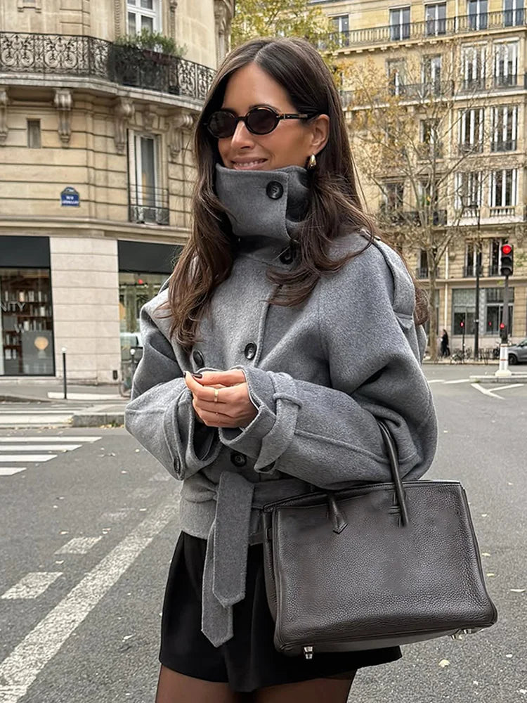 Women Turtleneck Grey Woolen Cropped Coat Chic High Collar Double Breasted Pocket Lace Up Short Overcoat Lady Daily Street Coats