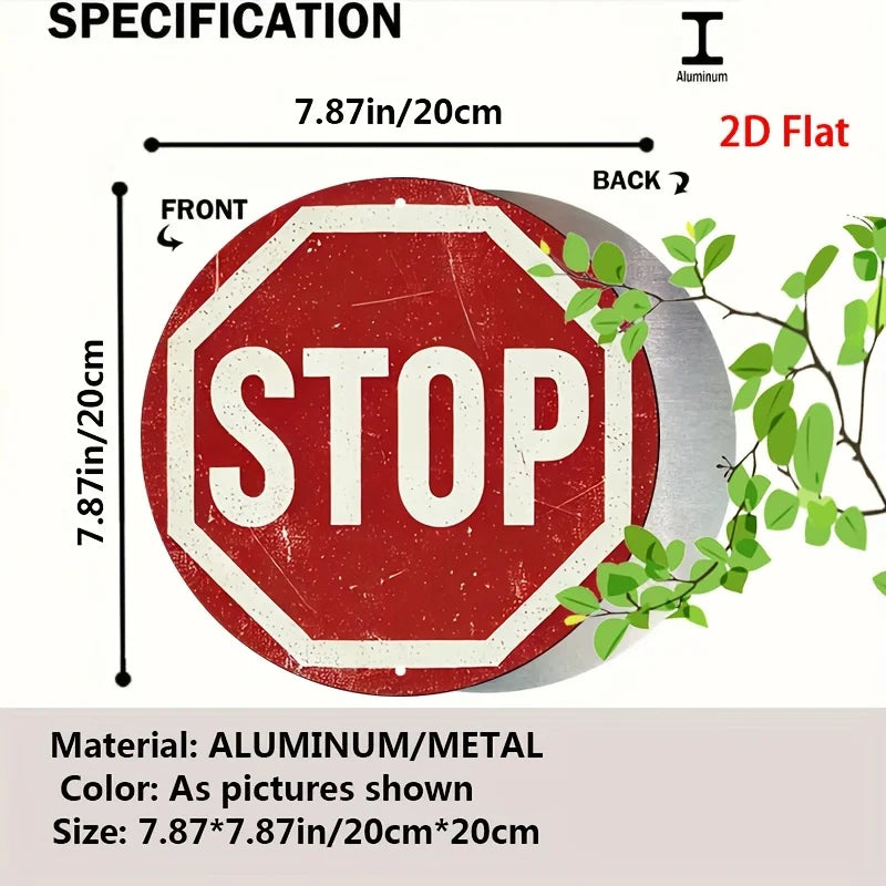 [2D Flat] Vintage Stop Sign Aluminum Wall Art -Round Retro Traffic Symbol Poster, Perfect for Bar, Cafe, Beach House
