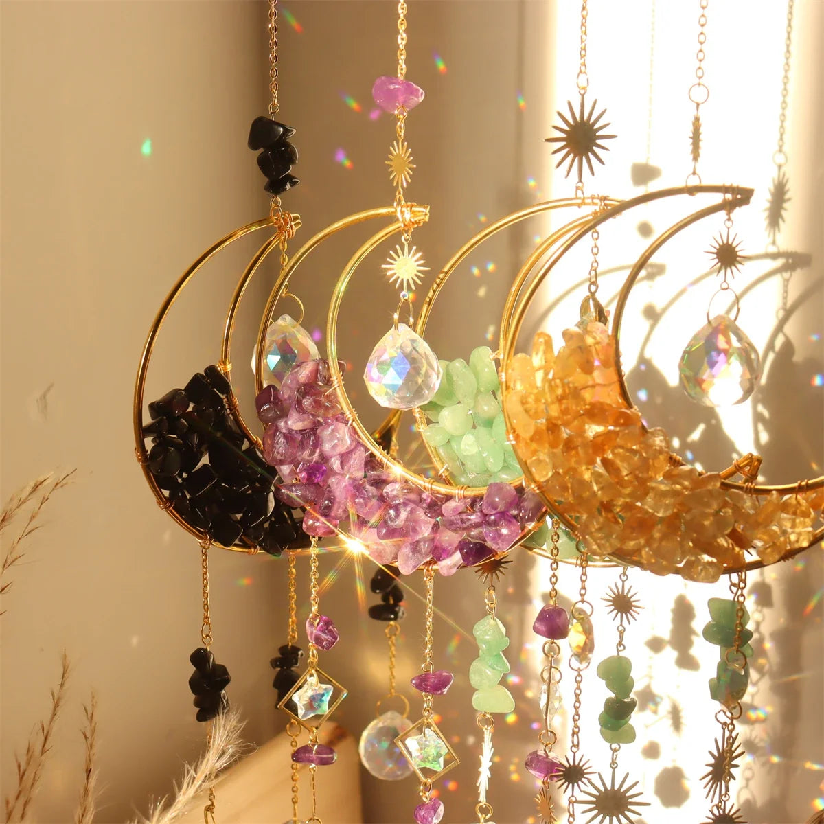 Hourglass Moon Purple Blue Green Pink Crystal Sun Catcher Pendant Decoration, Half Moon Window Hanging Pendant - Home and Garden