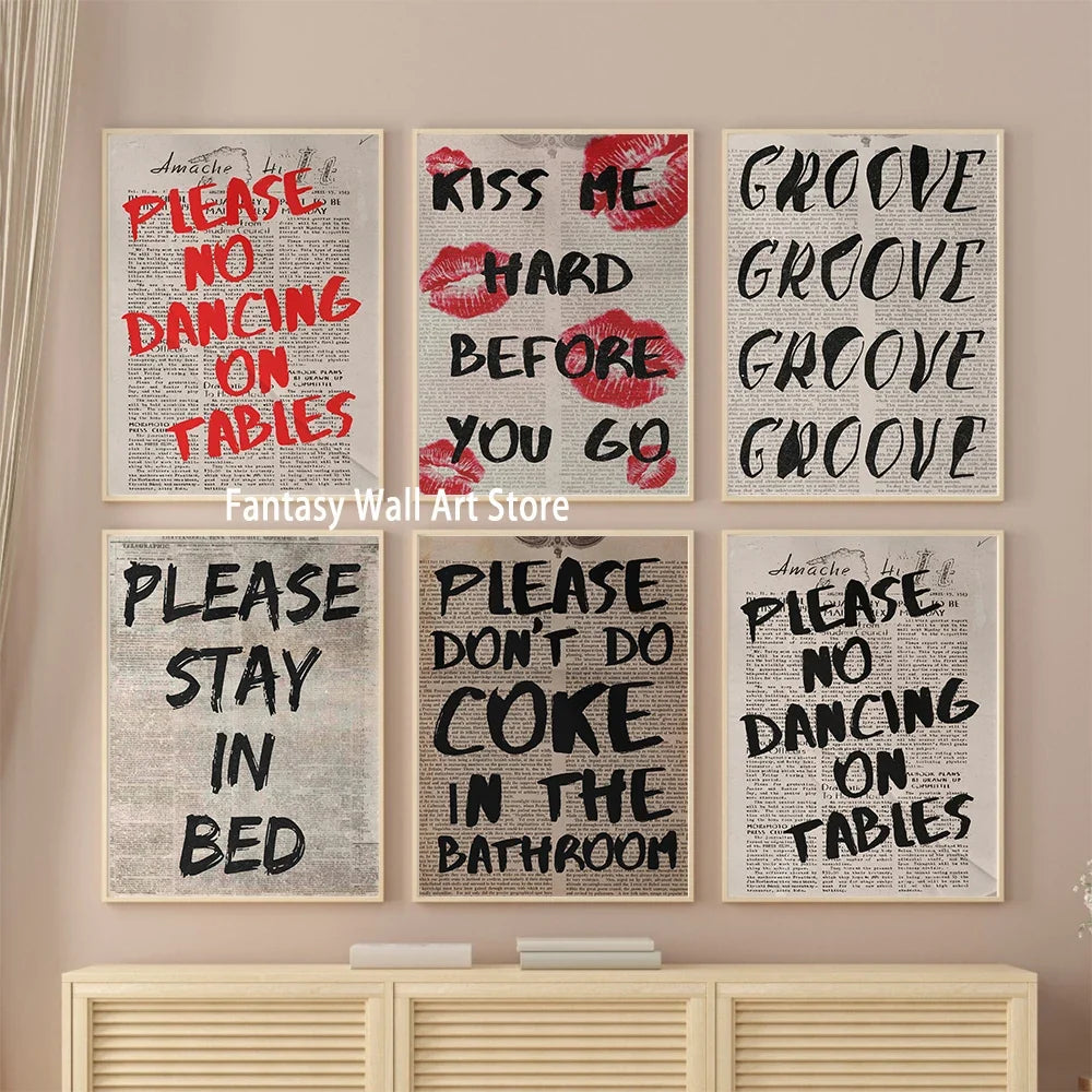 Typography Art Poster PLEASE DO NOT DANCING ON THE TABLE 70s Wall Print Trendy Quote Prints Retro Trippy Wall Art Canvas Poster