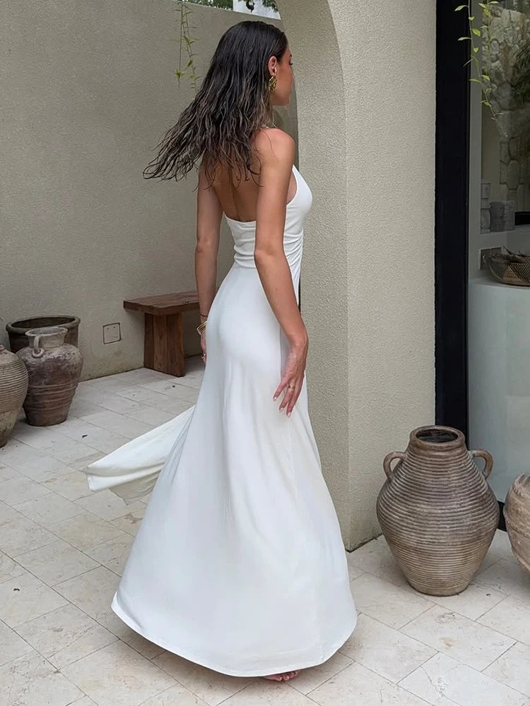 TARUXY Deep V Neck Halter Long Dress Female Elegant Ruched Ribbon Splice Summer New Vacation Dress Sexy Slim Sleeveless Vestido