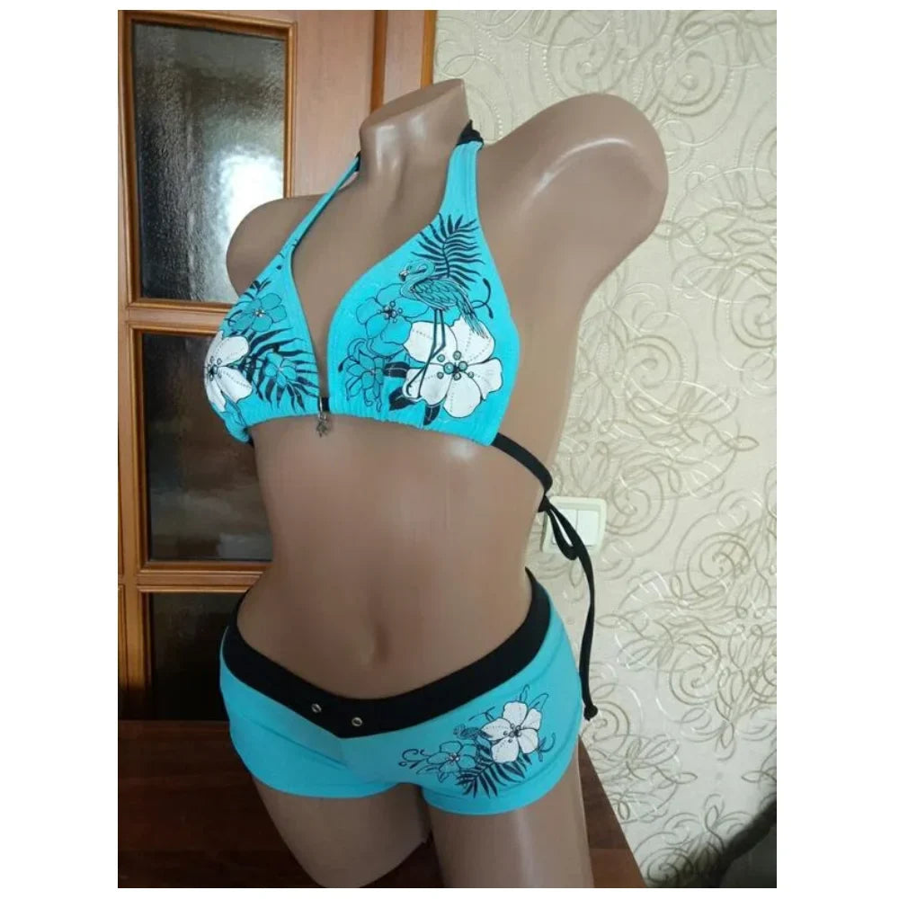 Vintage Flower print Cutie 2 set Bikini 2000s Swimsuit Sexy Women Bathing Fashion Halter Strap Swimwear High Street Beach Female