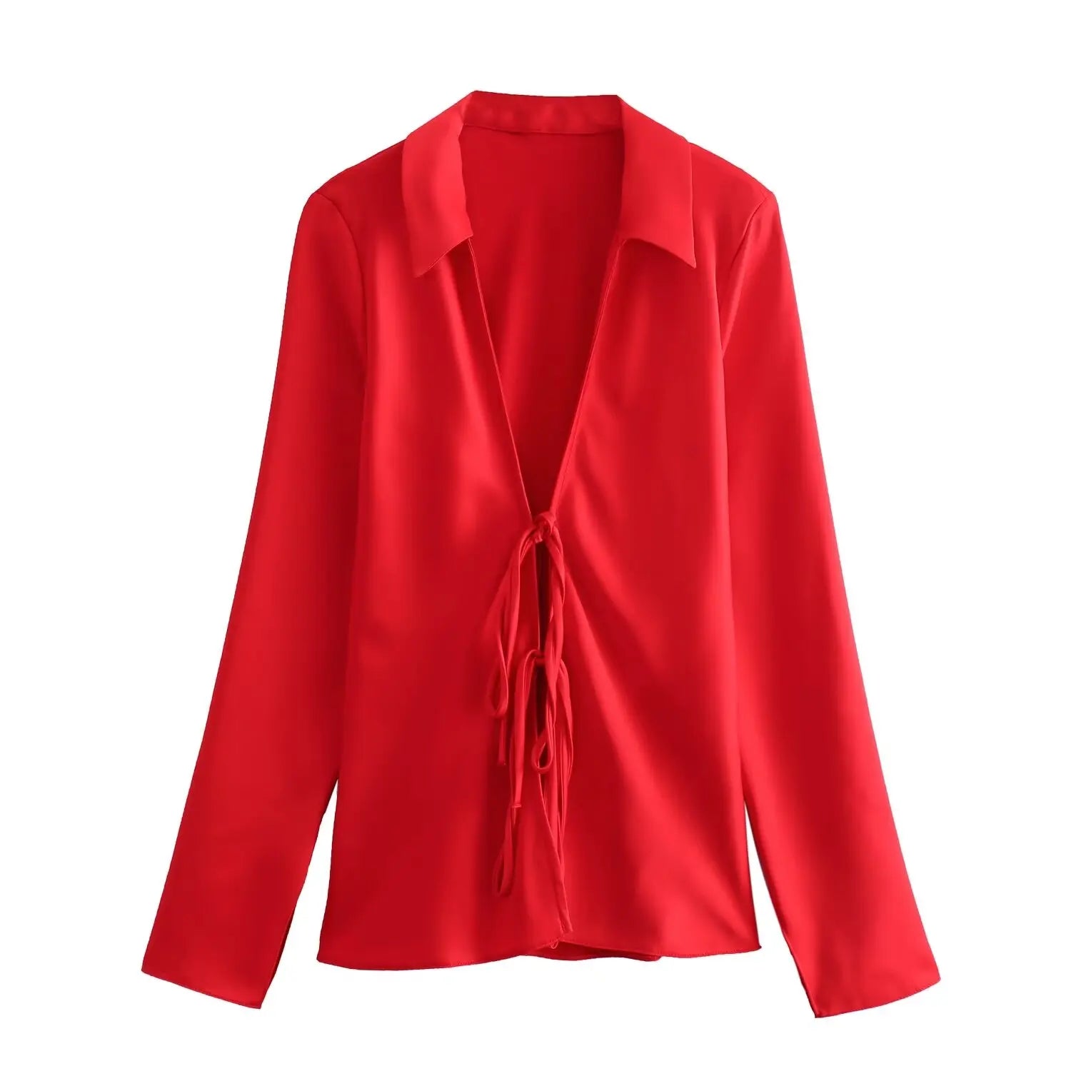 KONDALA Sexy Black Satin Bow Tie Shirts Women Long Sleeve V Neck Slim Blouses Fashion 2025 Autumn Elegant Silky Tops