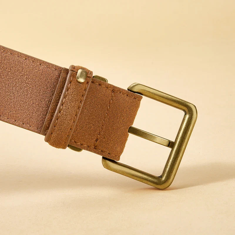 Luxury Suede Cowhide Leather Belt for Women, Vintage Style with Gold Buckle, 3.5cm Wide Waistband for Dresses & Jeans 2042