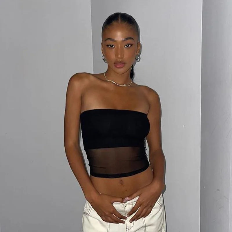 2026 Women's Sexy Hot Girl Style Black Y2K Mesh Crop Top Strapless Urban Style Off-Shoulder Fitted Short Tank Top