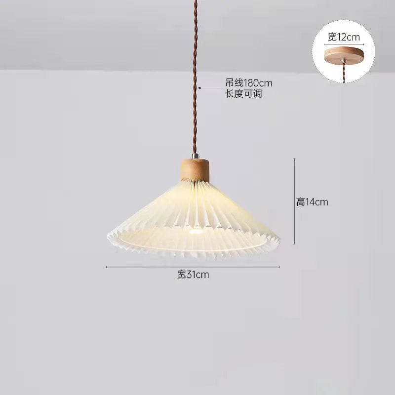 Retro Pleated Pendant Light For Living  Dining Room Bedside Solid Wooden Ceiling Hanging Fabric Lampshade Bar Home Decoration