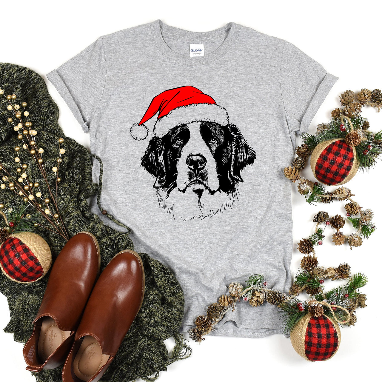 Saint Bernard Santa Dog Christmas Dog Lover Pet Portrait Design Comfort Colors Tee