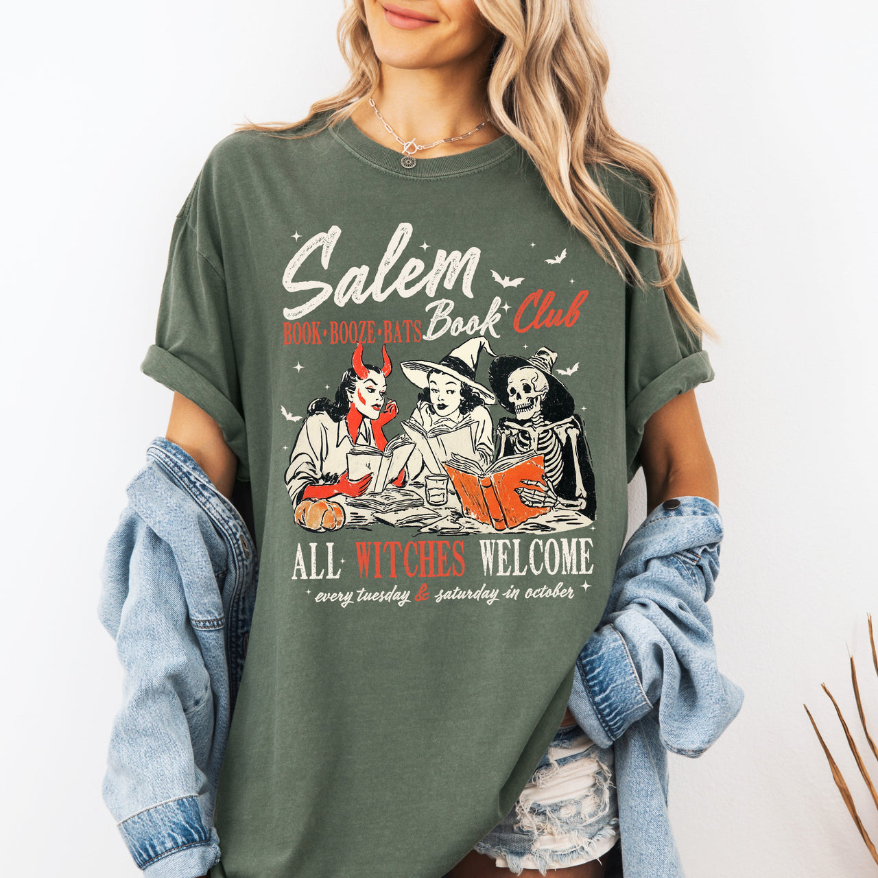 Salem Book Club All Witches Welcome Halloween Edition Cozy Book Lover Comfort Colors Tee