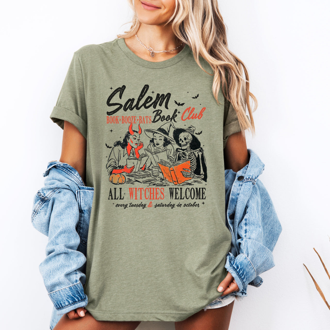 Salem Book Club All Witches Welcome Retro Vintage Halloween Reading Books Graphic Tee