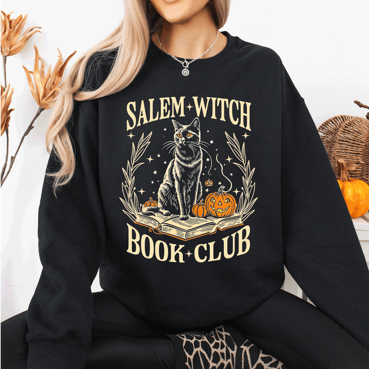 Salem Book Club Cat Retro Classic Vintage Halloween Reading Books Deluxe Sweatshirt