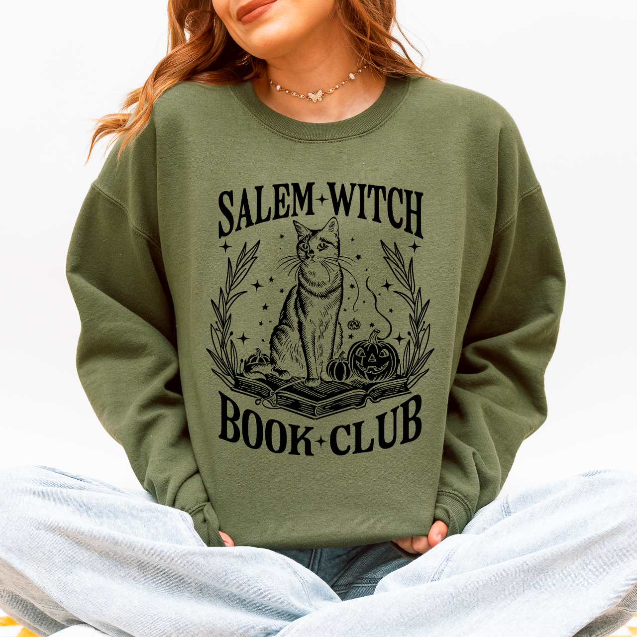 Salem Book Club Cat Retro Classic Vintage Halloween Reading Books Deluxe Sweatshirt