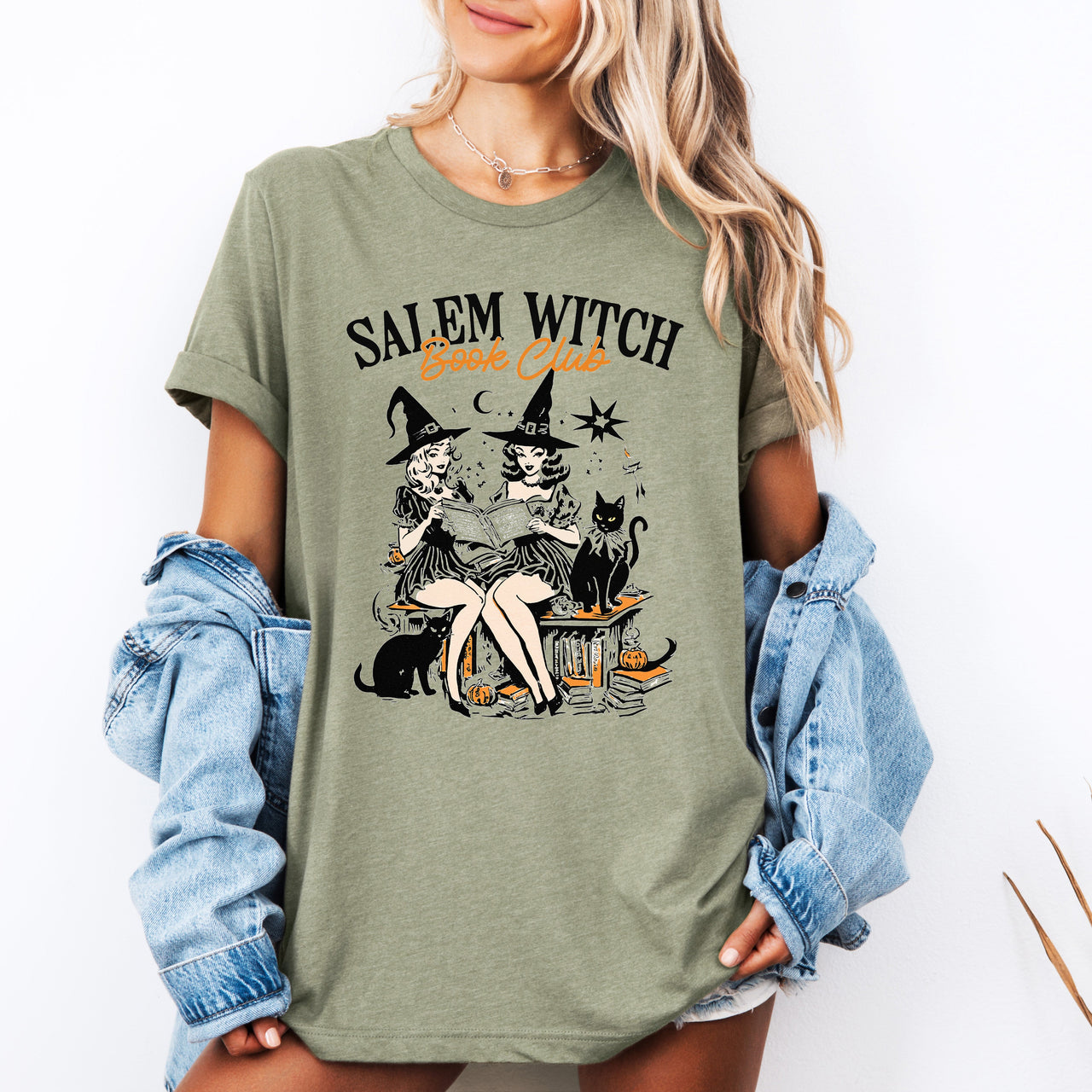 Salem Book Club Retro Cats Vintage Halloween Reading Books Classic Collectible Graphic Tee