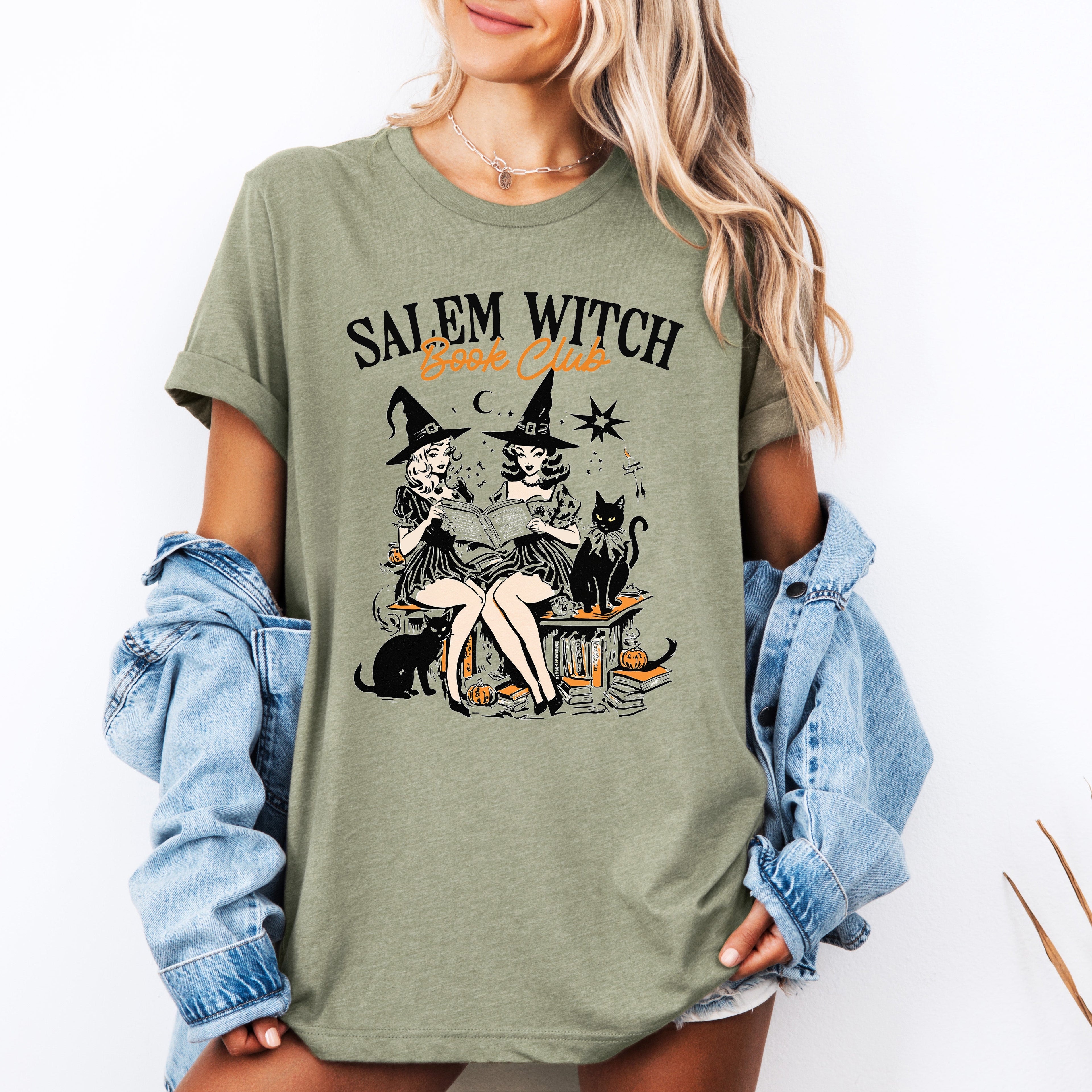 Salem Book Club Retro Cats Vintage Halloween Reading Books Classic Collectible Graphic Tee