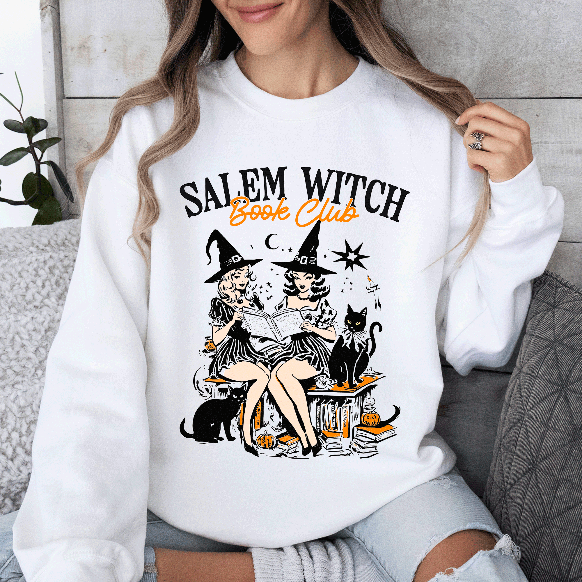 Salem Book Club Vintage Halloween Reading Cats Retro Classic Books Cozy Sweatshirt