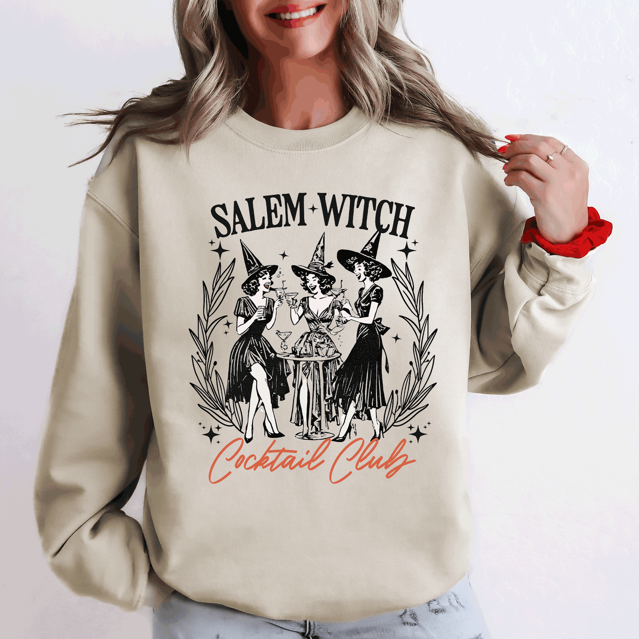 Salem Witch Cocktail Club Halloween Spooky Mystic Night Graphic Illustration Sweatshirt