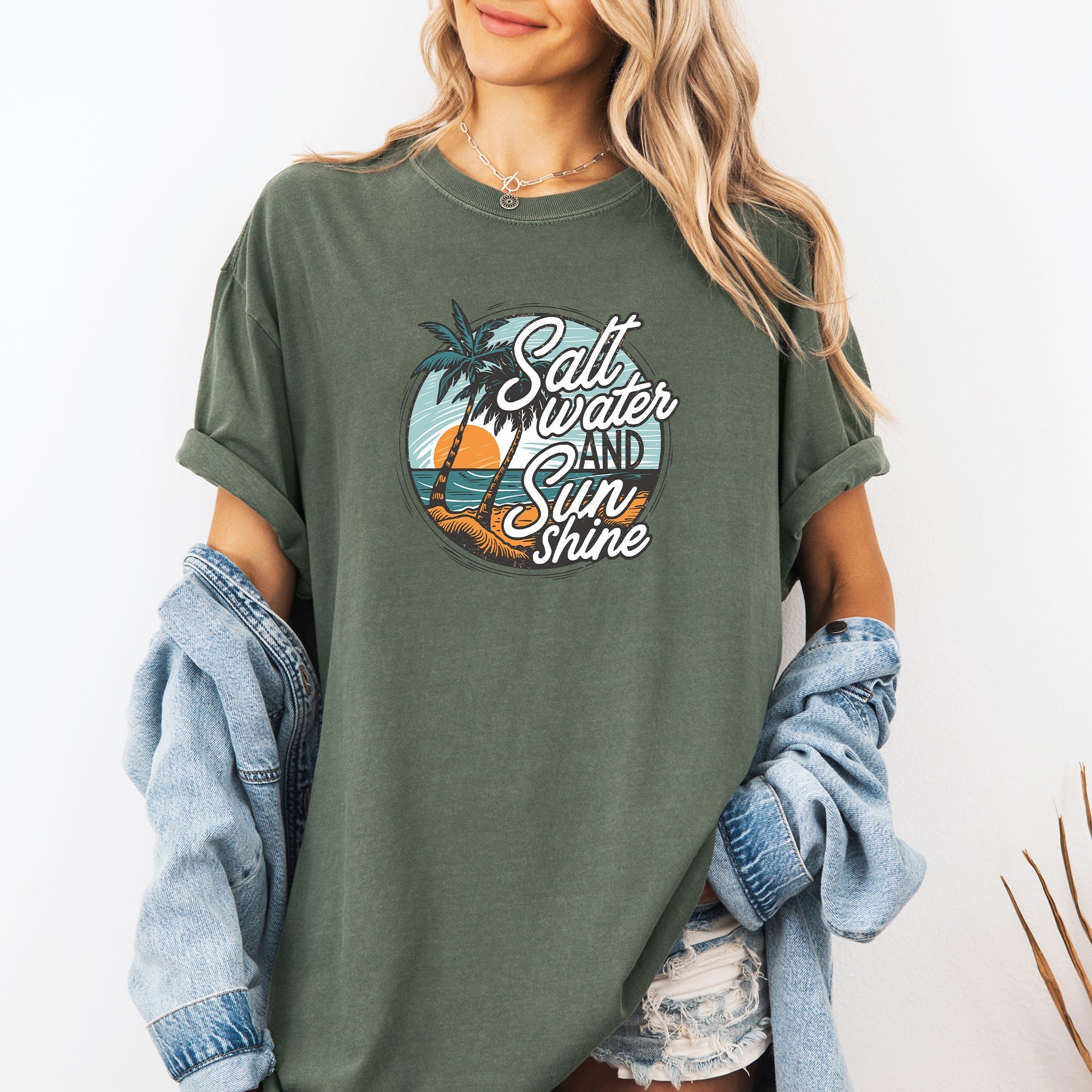Salt Water And Sunshine Summer Beach Paradise Print And Seaside Vibes Comfort Colors Tee