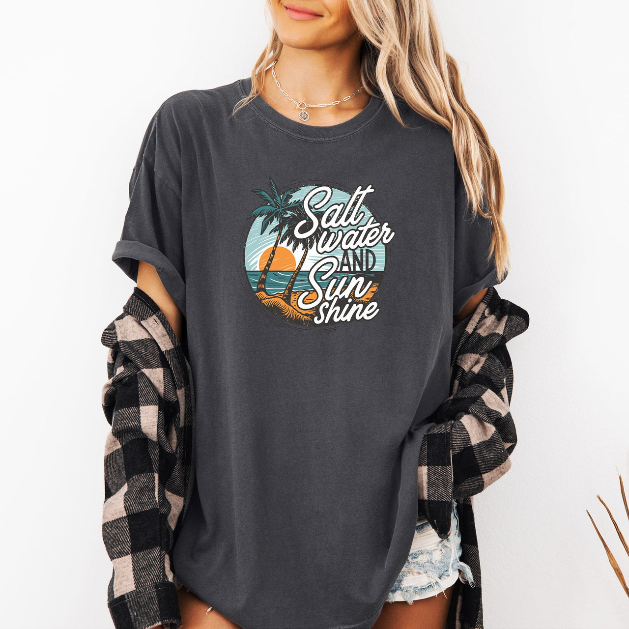 Salt Water And Sunshine Summer Beach Paradise Print And Seaside Vibes Comfort Colors Tee