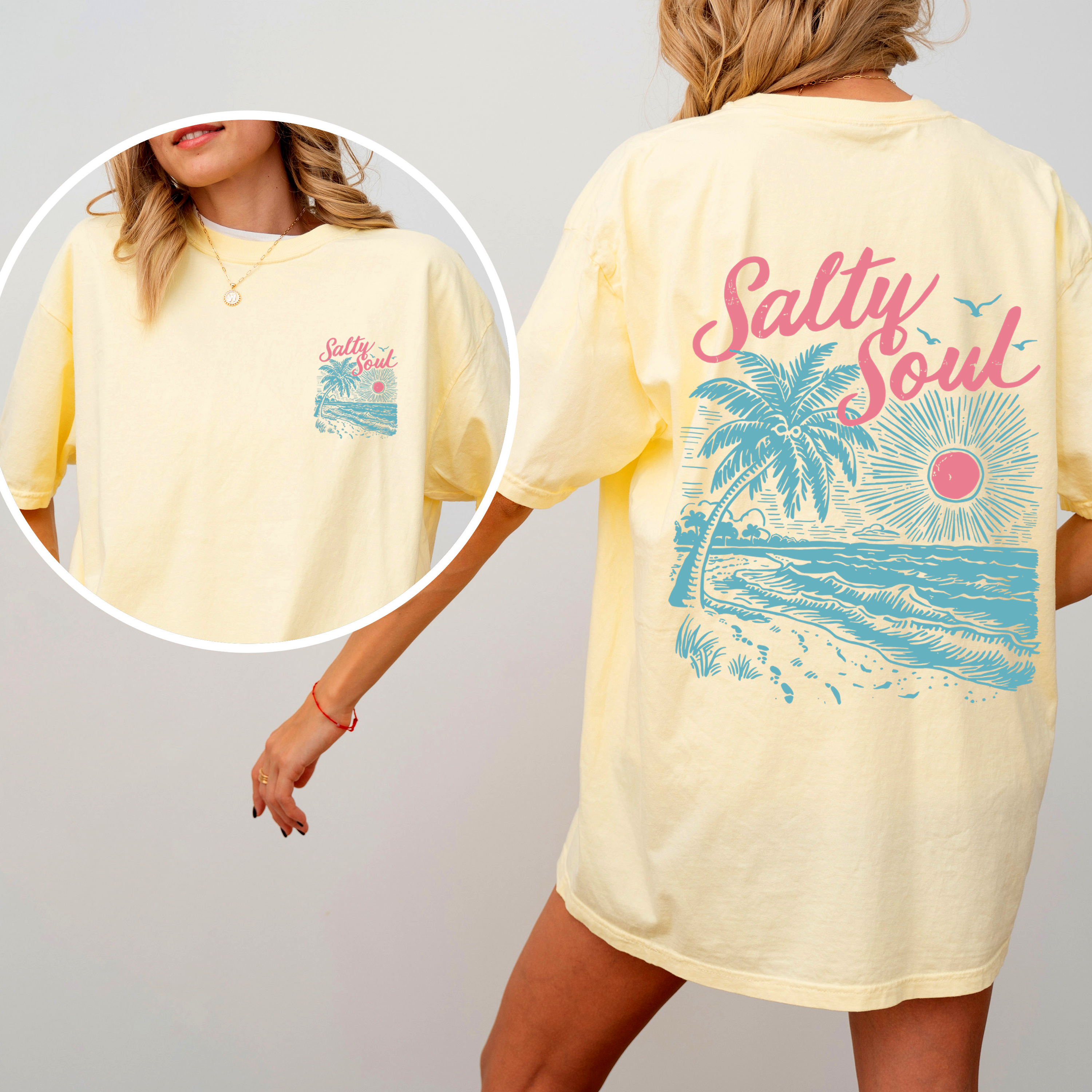 Salty Soul Beach Sunset Palm Trees Summer Front And Back Beach Vibes Forever Comfort Colors Tee