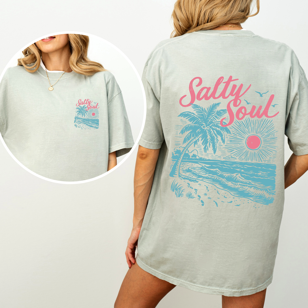 Salty Soul Beach Sunset Palm Trees Summer Front And Back Beach Vibes Forever Comfort Colors Tee