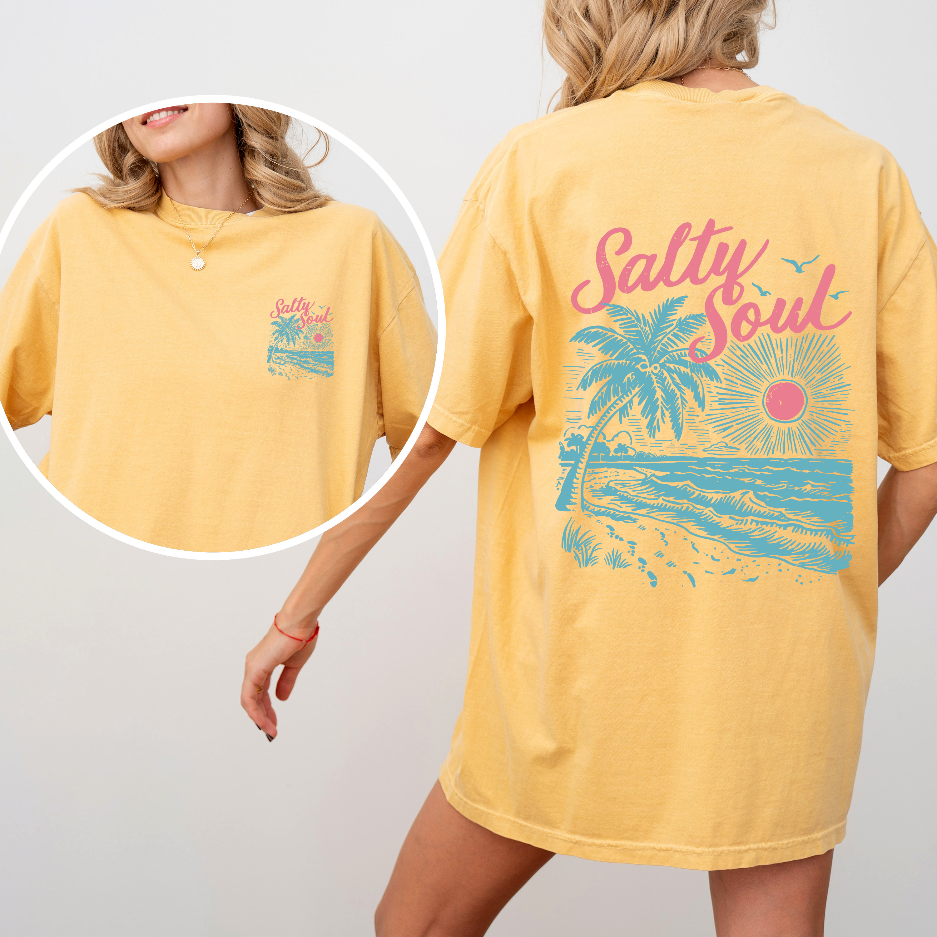 Salty Soul Beach Sunset Palm Trees Summer Front And Back Beach Vibes Forever Comfort Colors Tee