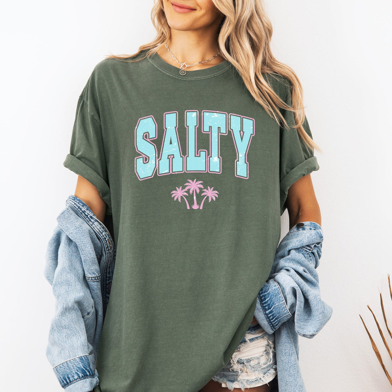 Salty Varsity Palm Trees Summer Beach Coastal Vibes For Sunny Days Comfort Colors Tee