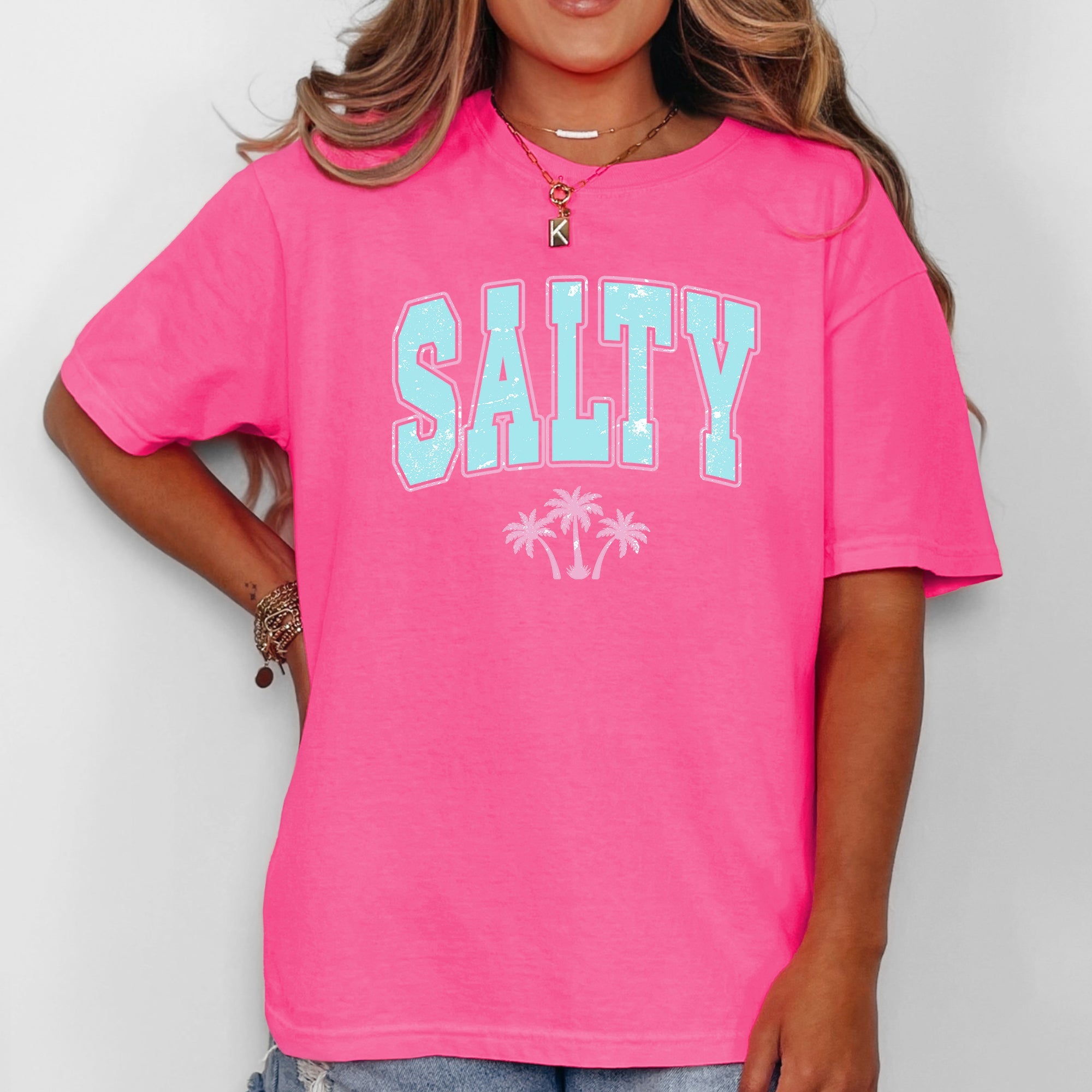 Salty Varsity Palm Trees Summer Beach Coastal Vibes For Sunny Days Comfort Colors Tee