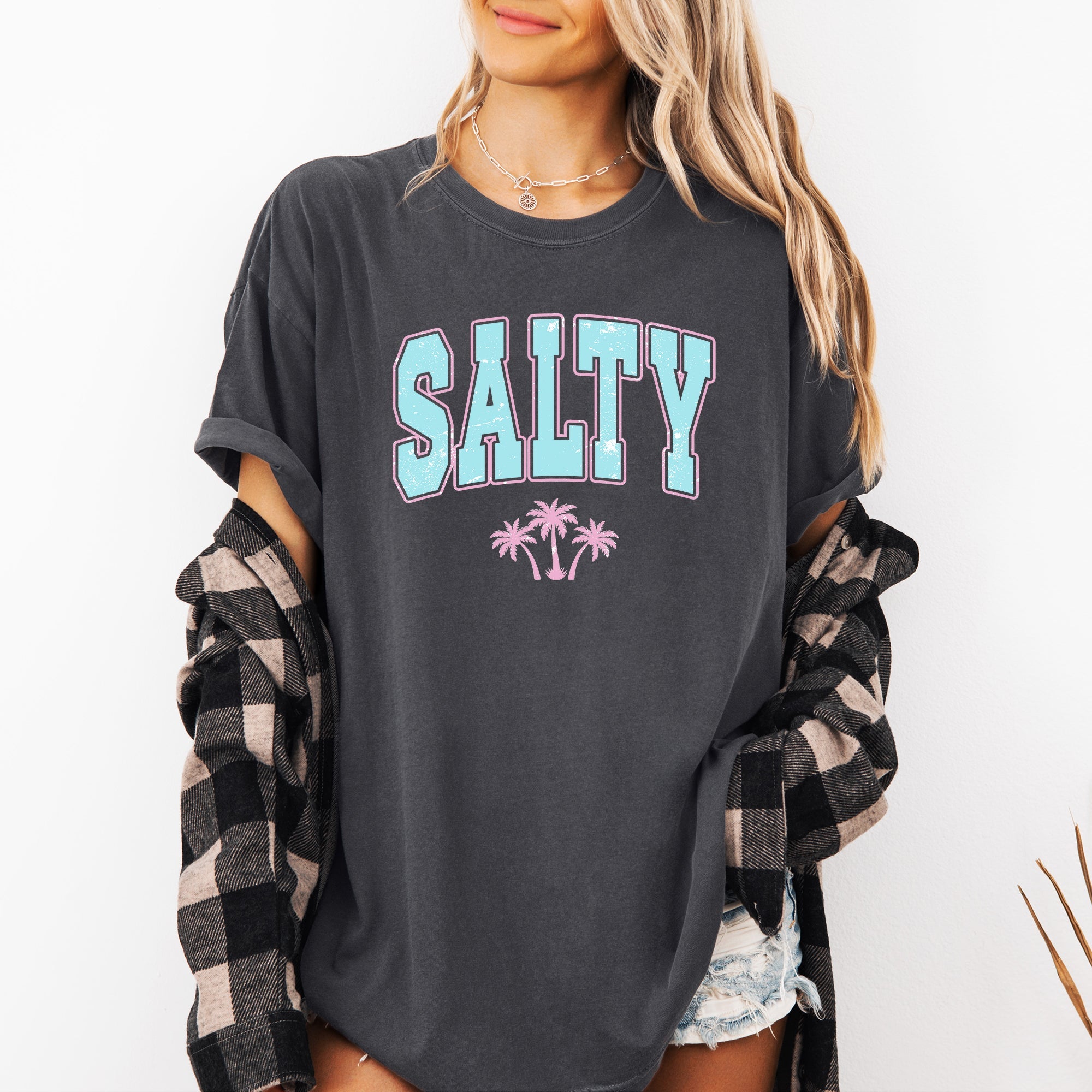Salty Varsity Palm Trees Summer Beach Coastal Vibes For Sunny Days Comfort Colors Tee