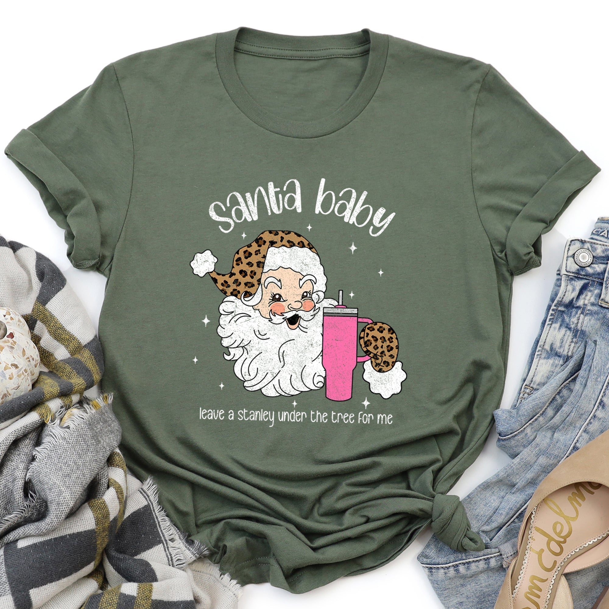 Santa Baby Stanley Retro Christmas Leopard Print Cozy Comfort Super Soft Graphic Tee