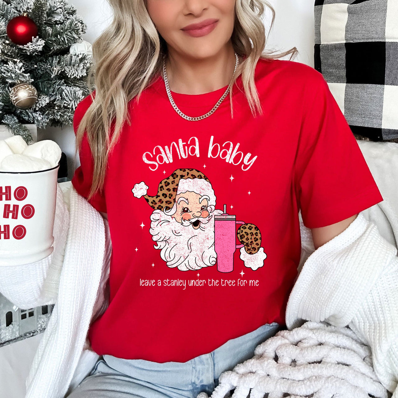 Santa Baby Stanley Retro Christmas Leopard Print Cozy Comfort Super Soft Graphic Tee