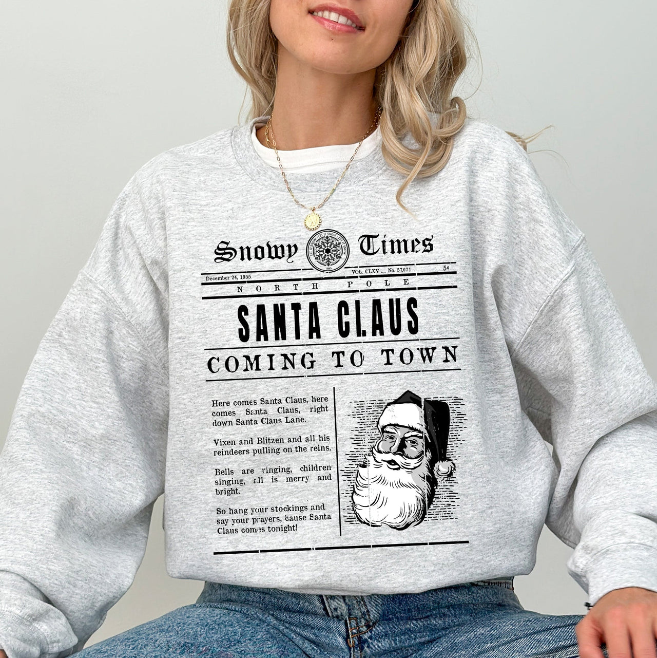 Santa Claus Is Coming To Town Newspaper Winter Snow Xmas Edition Vintage Graphic Sweatshirt