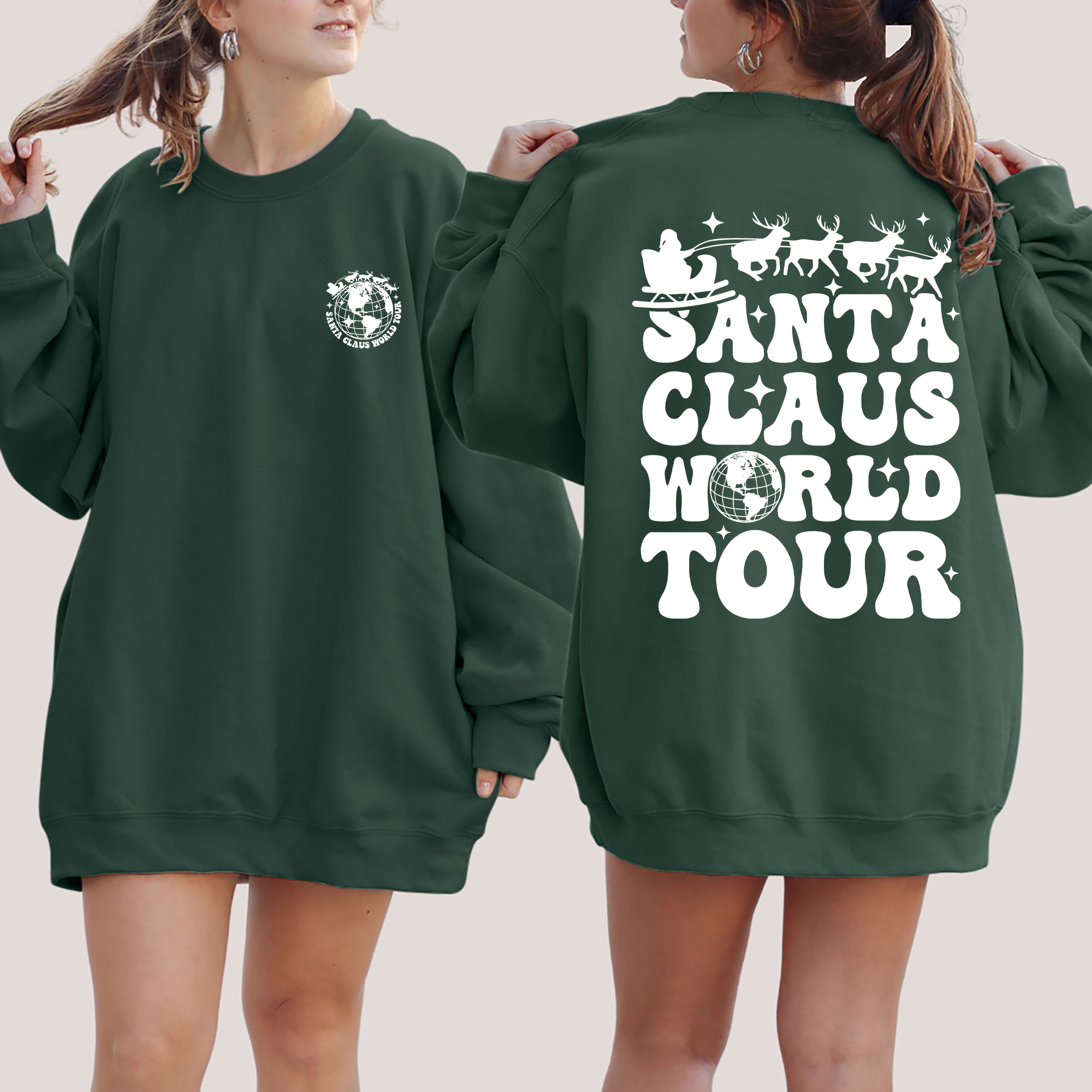 Santa Claus World Tour Front And Back Retro Christmas Reading Graphic Sweatshirt