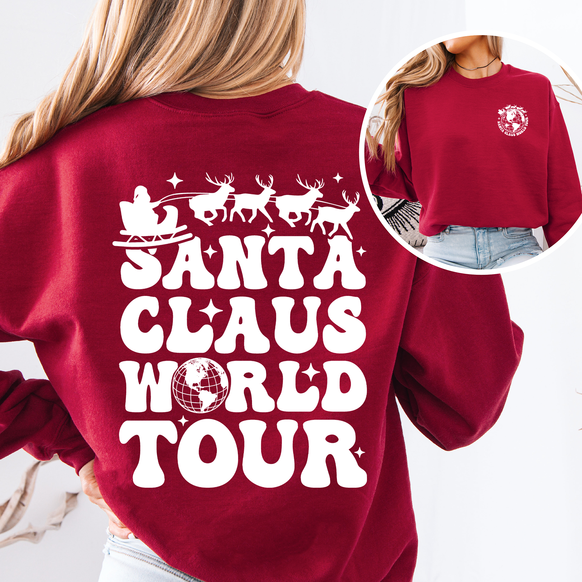 Santa Claus World Tour Front And Back Retro Christmas Reading Graphic Sweatshirt