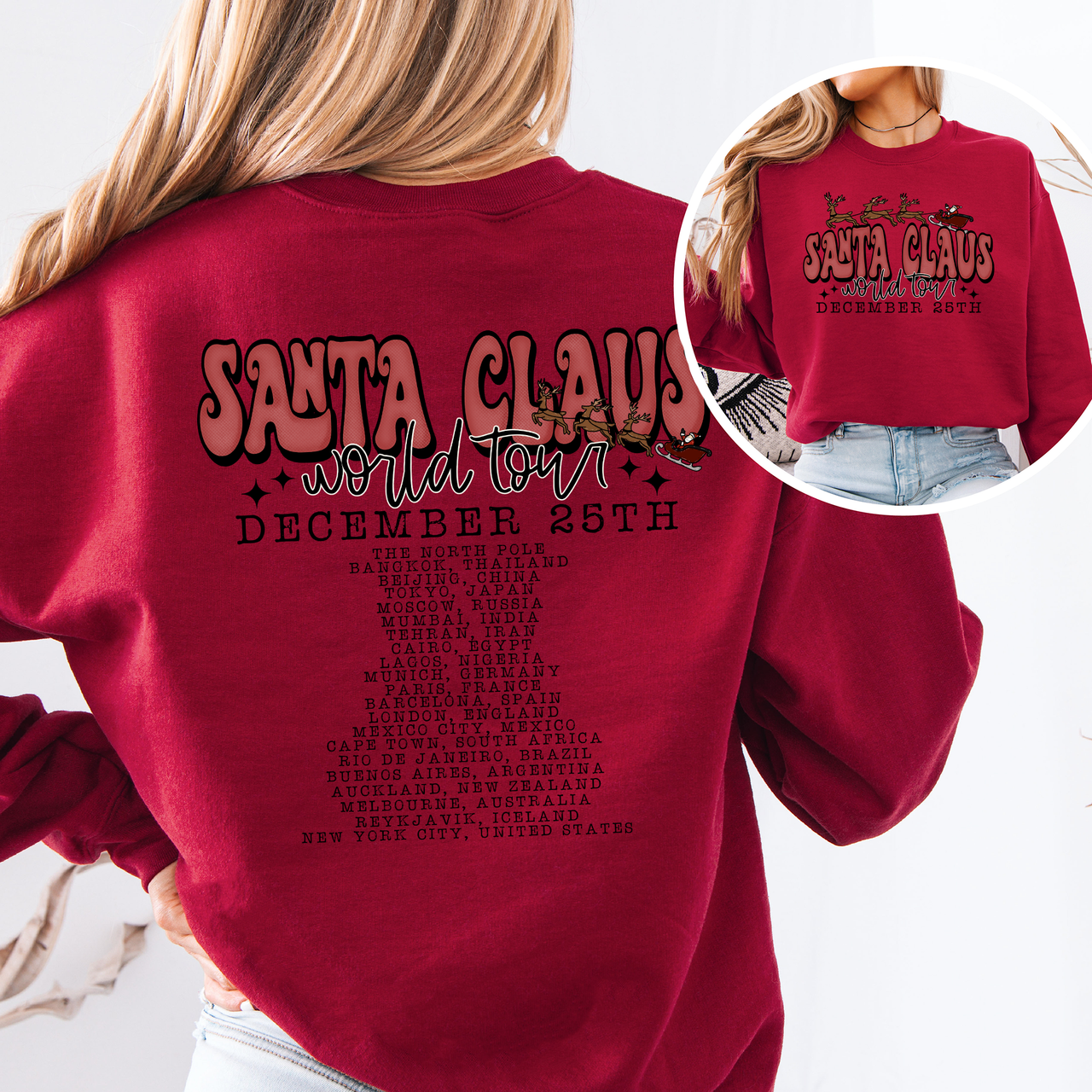 Santa Claus World Tour The North Pole December Christmas Retro Band Graphic Sweatshirt