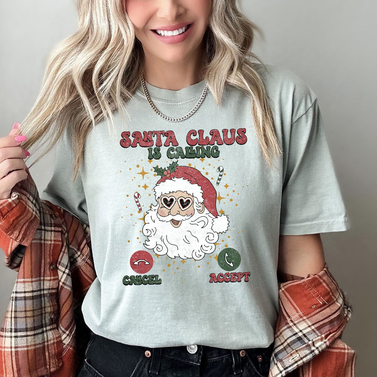 Santa Is Calling Christmas Phone Greeting For iPhone And Android Fans Comfort Colors Tee