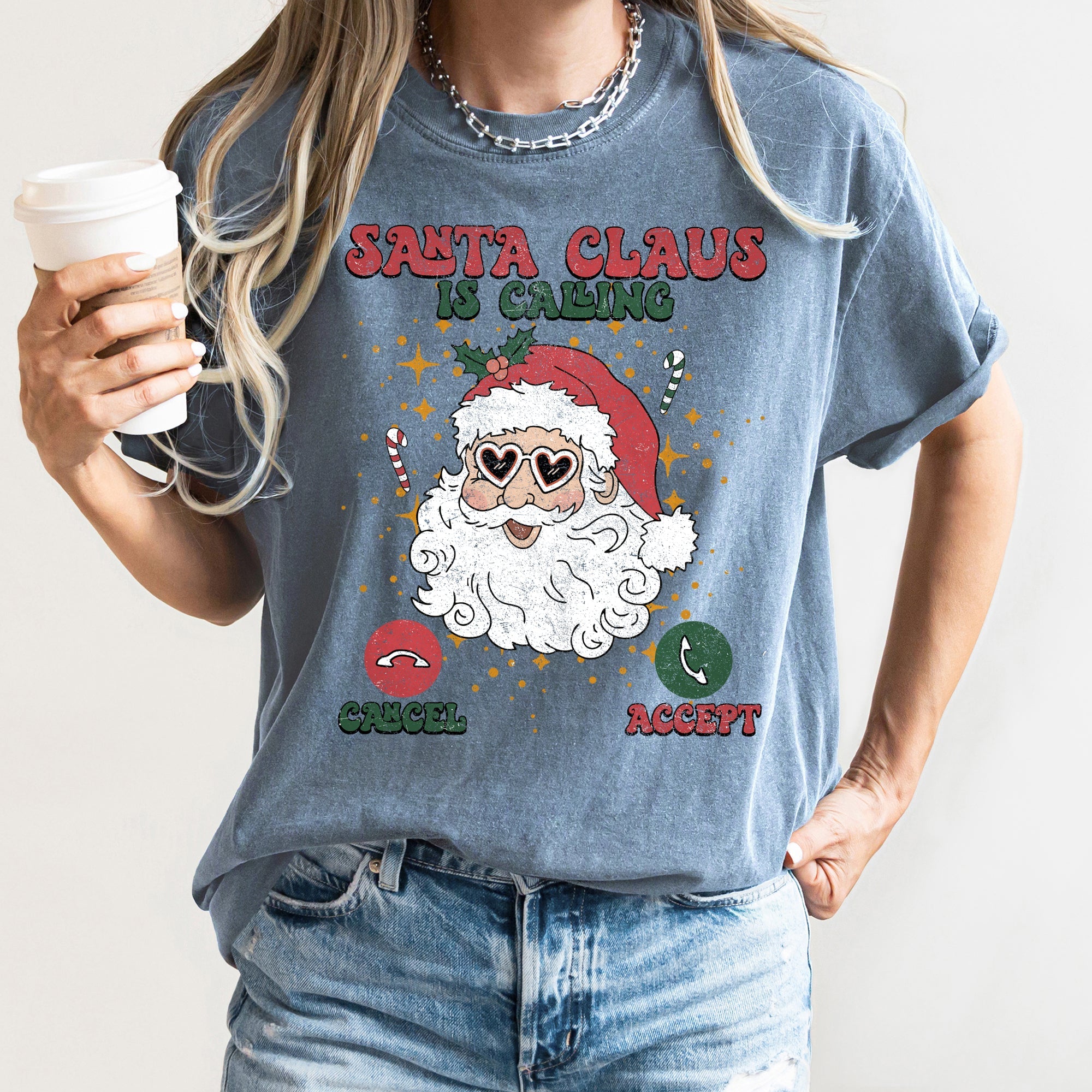 Santa Is Calling Christmas Phone Greeting For iPhone And Android Fans Comfort Colors Tee