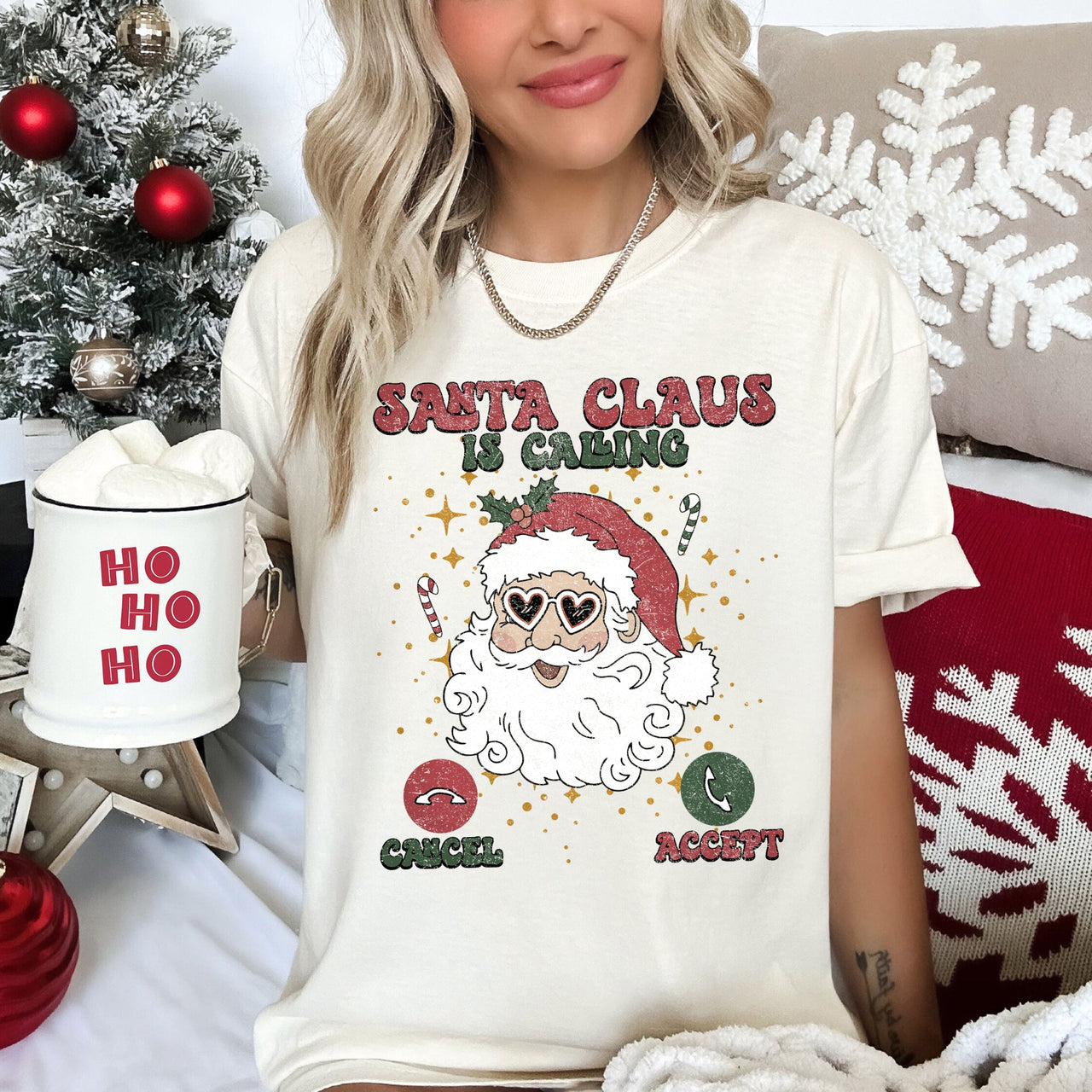 Santa Is Calling Christmas Phone Greeting For iPhone And Android Fans Comfort Colors Tee