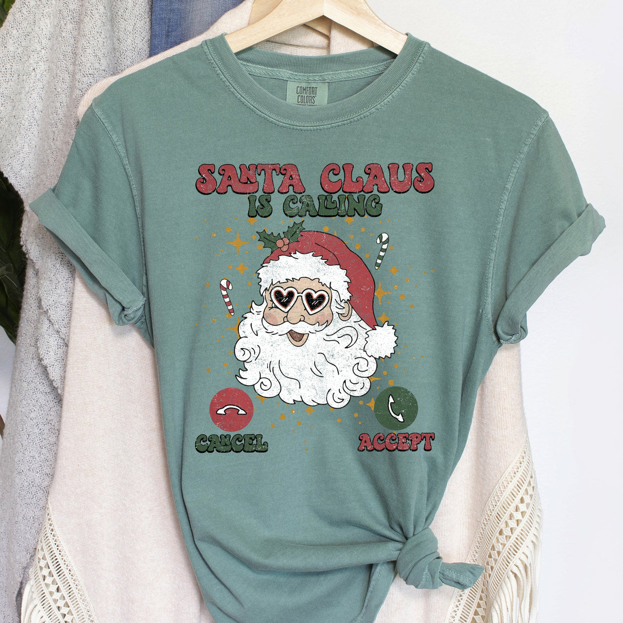 Santa Is Calling Christmas Phone Greeting For iPhone And Android Fans Comfort Colors Tee