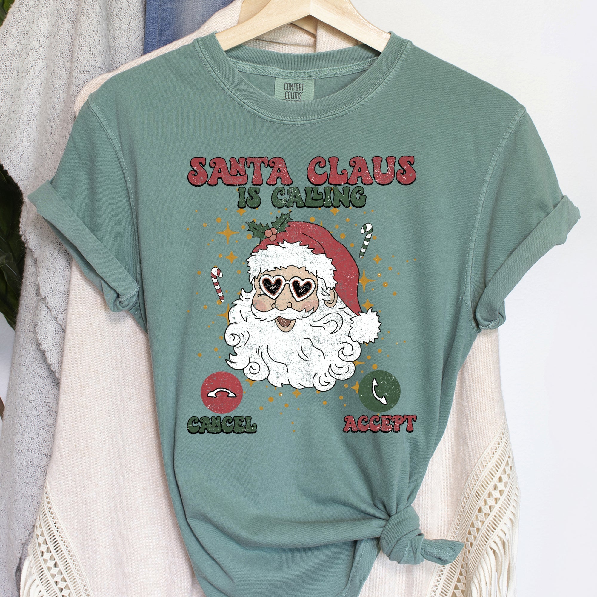 Santa Is Calling Christmas Phone Greeting For iPhone And Android Fans Comfort Colors Tee