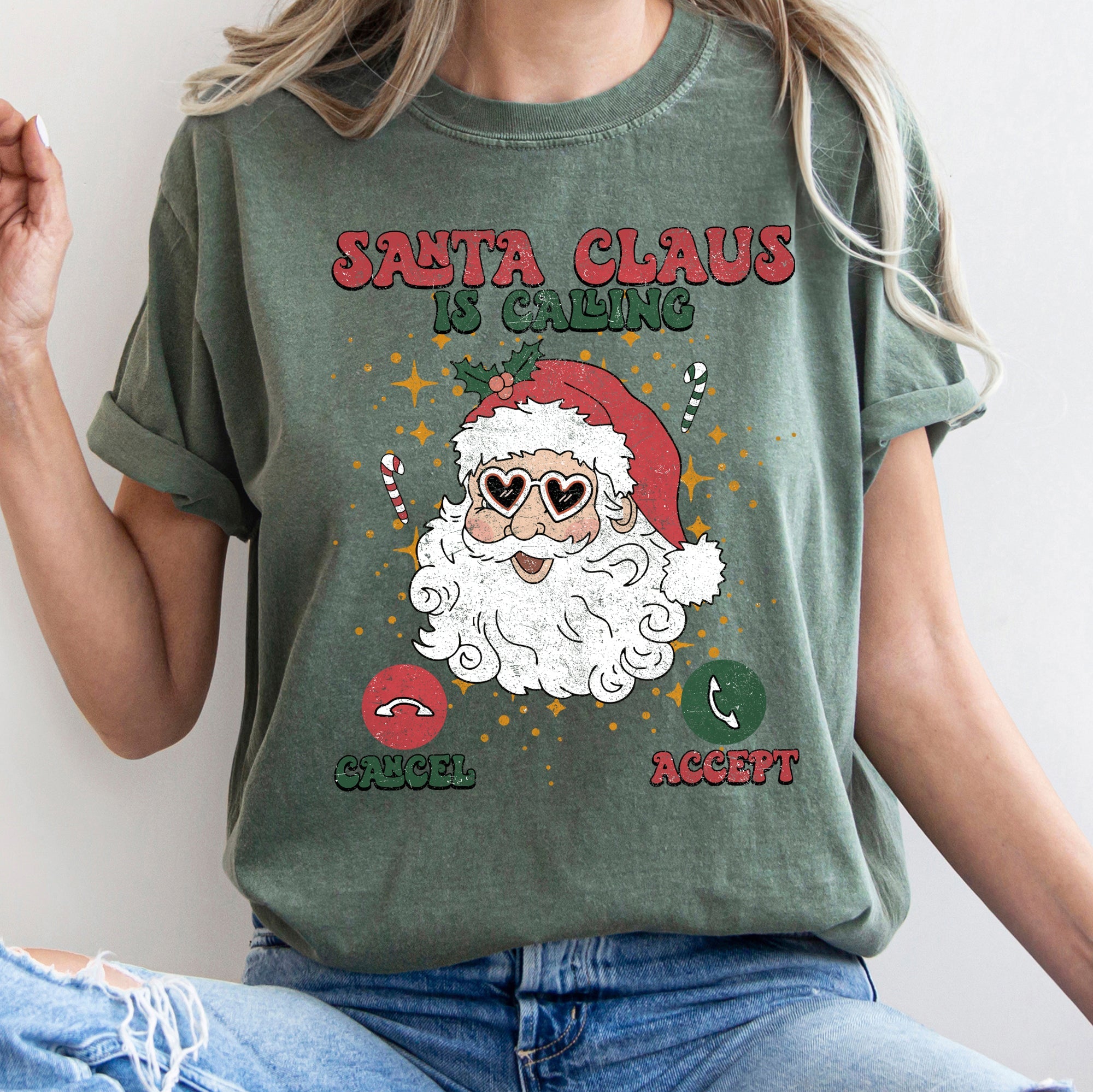 Santa Is Calling Christmas Phone Greeting For iPhone And Android Fans Comfort Colors Tee