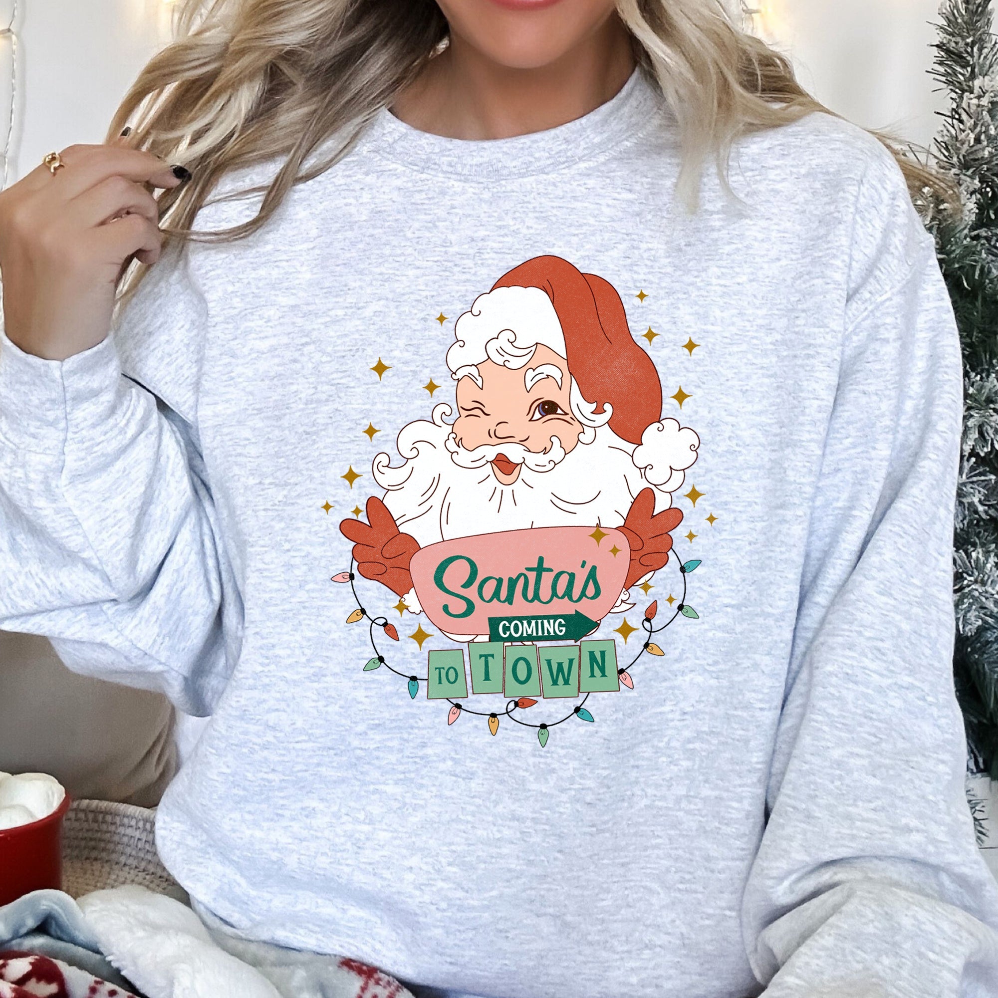 Santa Is Coming To Town Retro Christmas Nostalgic Graphic Festive Holiday Cheer Vintage Style Sweatshirt