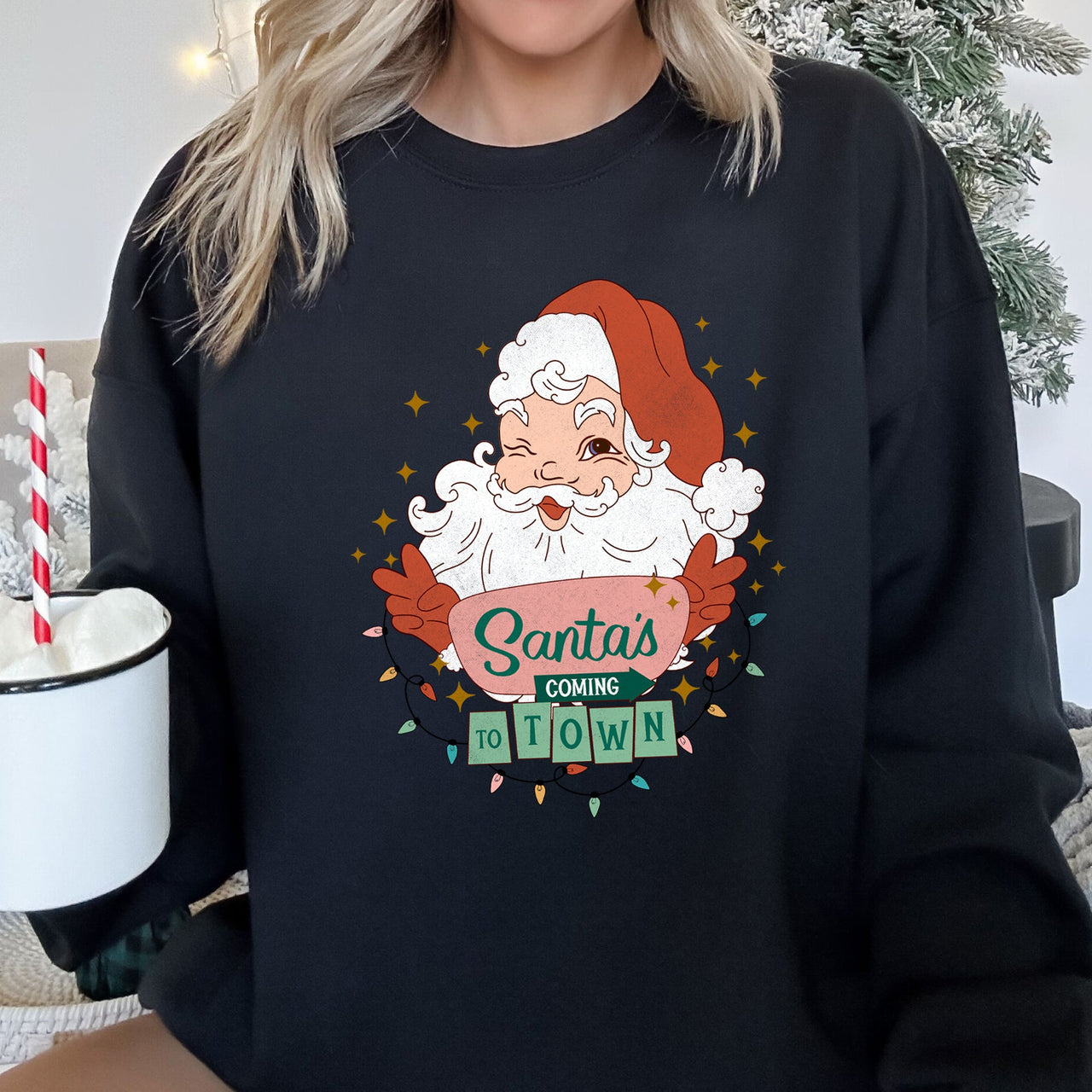 Santa Is Coming To Town Retro Christmas Nostalgic Graphic Festive Holiday Cheer Vintage Style Sweatshirt